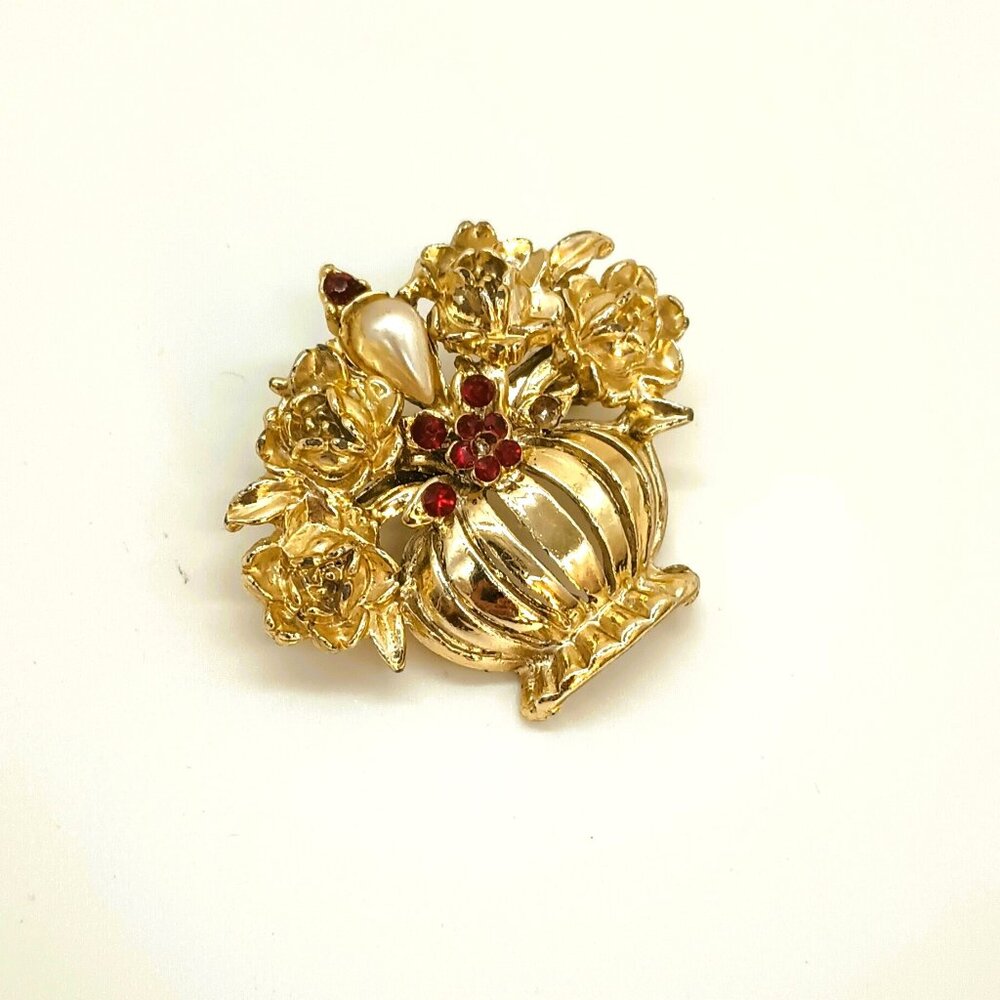 Gold Red Flower Bouquet Brooch Women's Vintage Rhinestones and Pearl Pin Jewelry